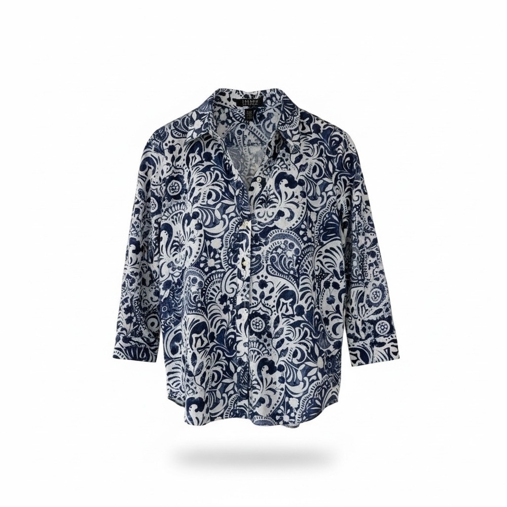 Lauren Ralph Lauren Navy White Paisley Cotton Button Down Shirt M 3/4 Sleeve